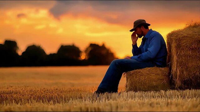 A contemplative man sits on a haystack during a serene sunset in a wheat field.