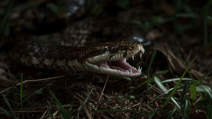 Obraz premium Dark Snake with Open Mouth in Low Light