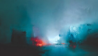 Obraz premium Abstract dark blue painting with red and teal brush strokes on textured background