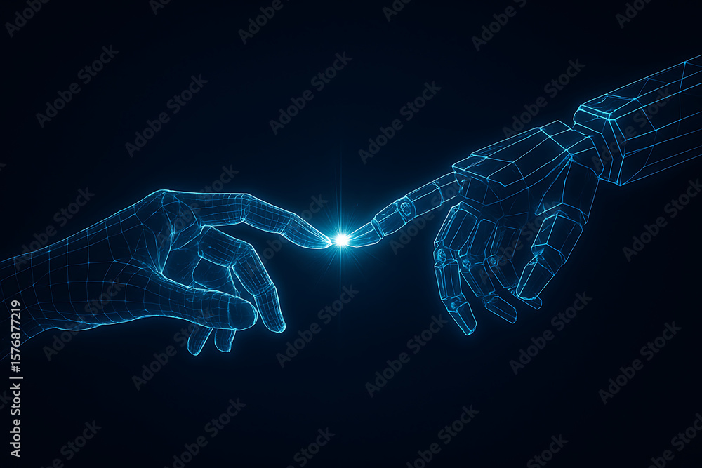 Poster futuristic digital hand reaching to robotic hand in glowing wireframe mesh showing human ai interact