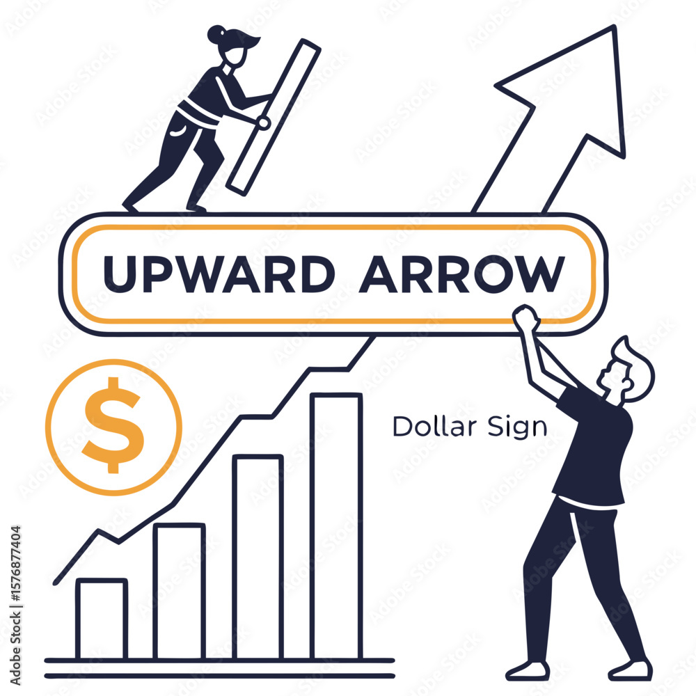Poster line vector of a bar chart with upward arrow and a dollar sign, optimized for financial growth or ea