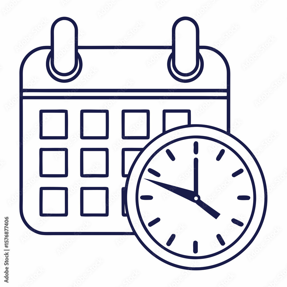 Poster minimal calendar icon with a clock overlay, clean lines and corner radius optimized for scheduling o