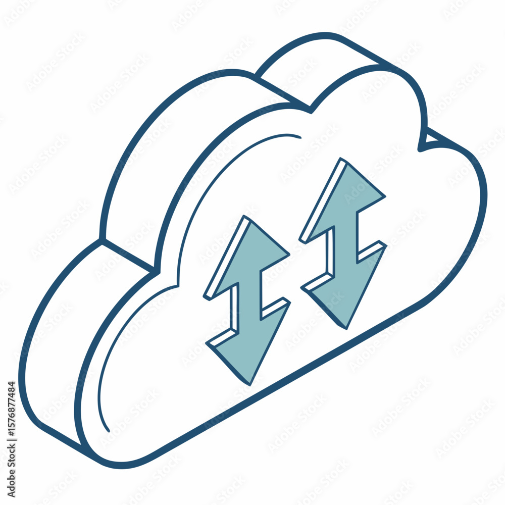 Poster realistic vector icon of a cloud with up and down arrows, symbolizing cloud sync or backup, modern g