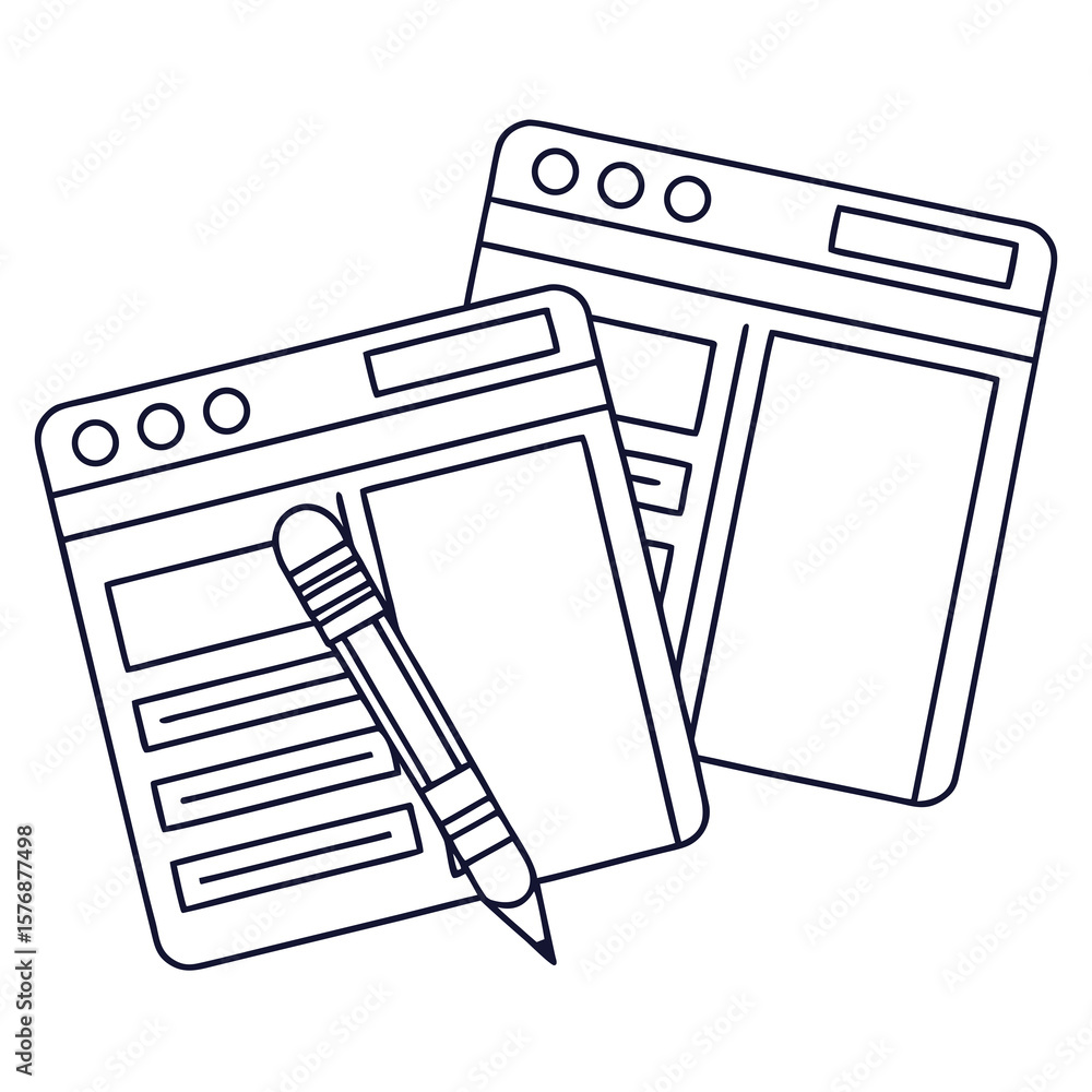 Poster simple outline icon of two overlapping browser windows with a pencil, symbolizing collaborative edit