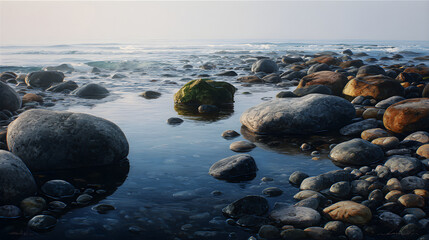 Harmonious Tranquility: The Timeless Dance of Wet Stones and Sea in Perfect Balance