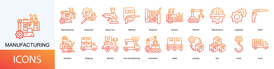manufacturing icon collection set. Containing Welding, Blueprint, industry, Robotic, Maintenance, cogwheel icon