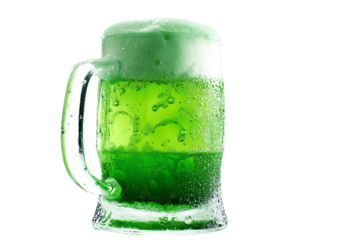 a green beer is in a glass with water droplets