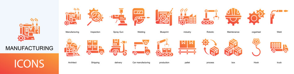 manufacturing icon collection set. Containing Welding, Blueprint, industry, Robotic, Maintenance, cogwheel icon