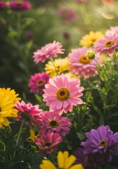Fototapeta premium Vibrant Pink Purple Yellow Daisies in Sunny Garden