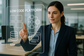 Low Code software development platform technology concept, low code platform, visual flow builder, app development tools, prebuilt widgets, software automation, integration modules, simplified program