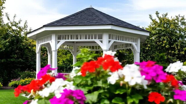 White gazebo with black roof in a green garden
