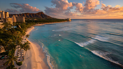 Tranquil Sunset Over Waikiki Beach with Diamond Head in the Background