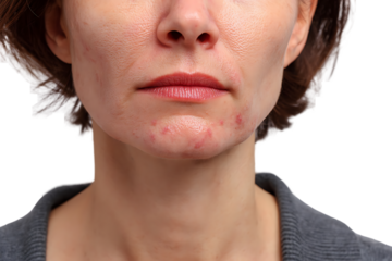 Close up of woman's face with acne and blemishes.