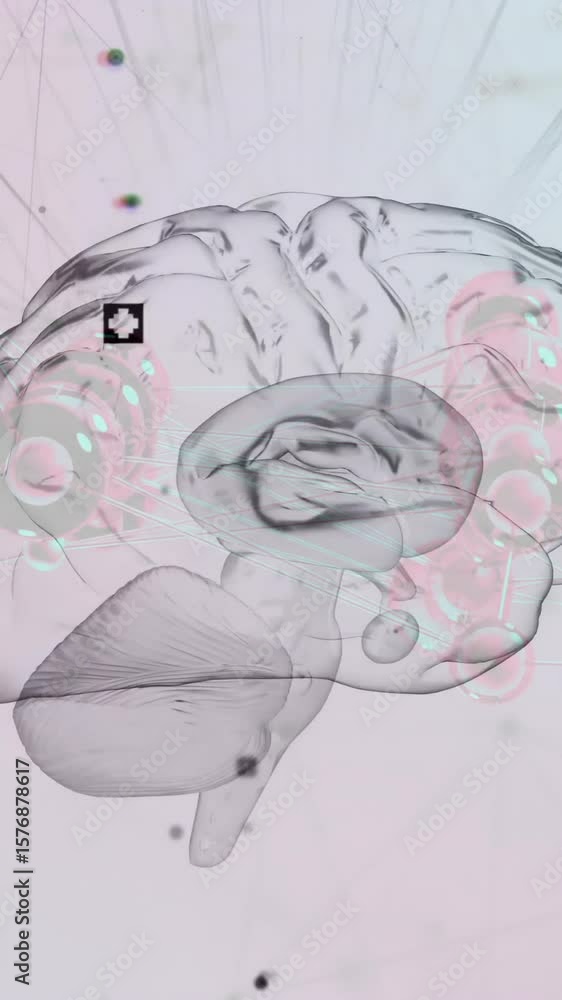 Poster animation of digital brain with network of connections on blue background