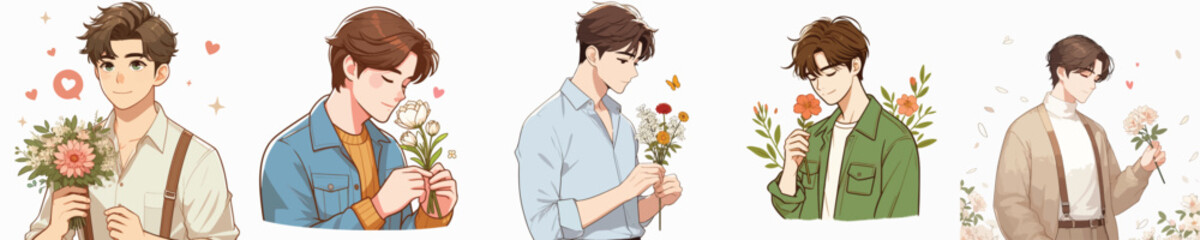 vector of young man holding flower on white background