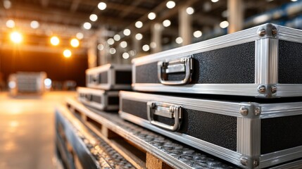 Durable black equipment cases stacked on a pallet in a bright industrial warehouse, symbolizing secure logistics and storage.