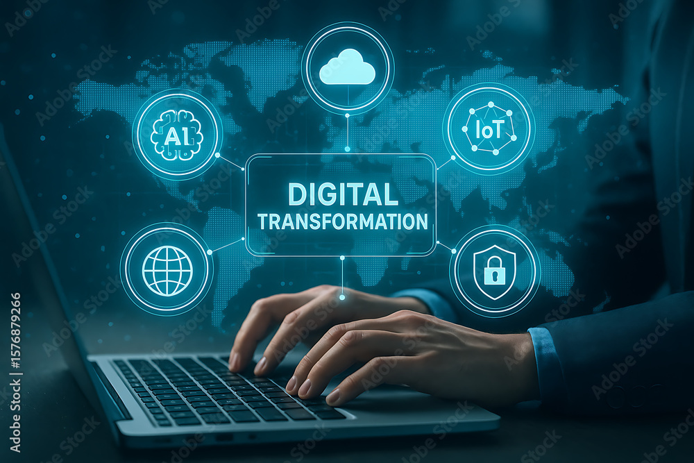 Poster business person using laptop with glowing digital transformation icons including ai cloud iot intern