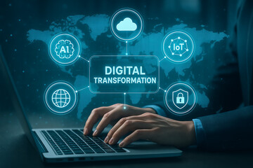 Business person using laptop with glowing digital transformation icons including ai cloud iot internet and cybersecurity showing technology innovation future development connectivity system