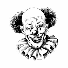 Portrait of a clown with a red nose. Scary clown for Halloween. Black lines on white background. Graphics. Engraving. Linocut effect