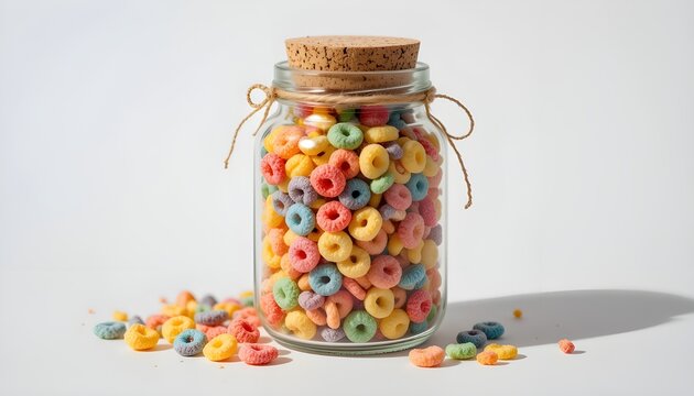 A glass jar filled with colorful cereal rings and a cork lid sitting on a white surface with some spillage