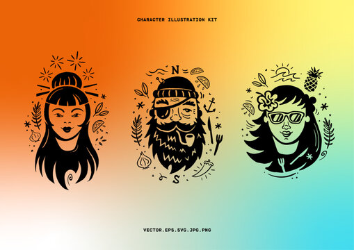 Character illustrations with flavour themed icons around them. Best suited for food related products, brands or as a logo.