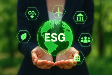 Hands presenting holographic globe with esg environmental social governance icons showing sustainable business strategy renewable energy and eco-friendly responsibility visualization
