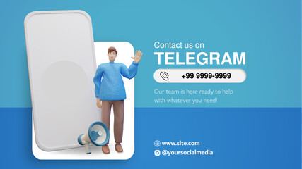 Telegram Contact Banner with 3D Character and Smartphone