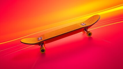 A yellow skateboard pops against a neon backdrop, capturing dynamic energy.