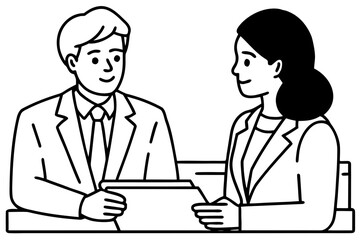 Cartoon Illustration of Businessperson Handing Document Across Table in Formal Office Setting – Interview, Agreement, and Professional Communication Concept

