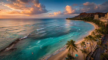 Tranquil Sunset Over Waikiki Beach with Diamond Head in the Background
