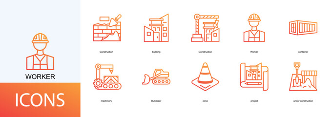 worker icon collection set. Containing Construction, building, container, machinery, Bulldozer icon © Dhanis