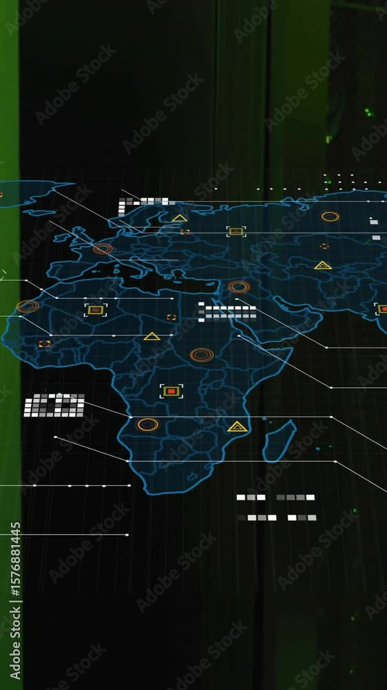 Poster world map with data points and network connections animation over server room