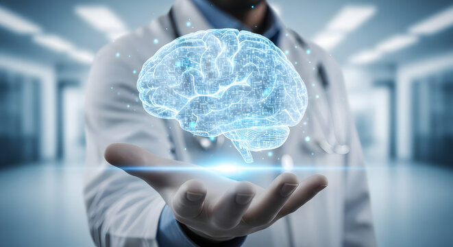 Doctor’s Hand Presenting Holographic Brain Icon