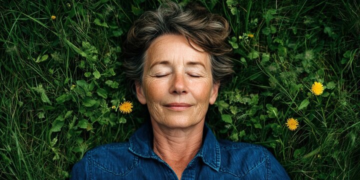 Woman relaxing in grass serene, peaceful, carefree in natural environment