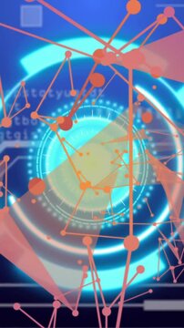 Abstract geometric shapes and digital connections animation over blue background with circular patte