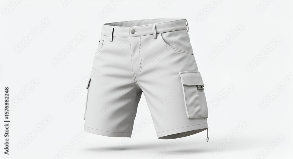 Poster stylish white cargo shorts floating in a minimal and isolated environment with soft lighting