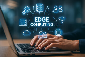 Hands on keyboard activating edge computing system with futuristic ai network data integration wireless cloud processing and machine learning interface