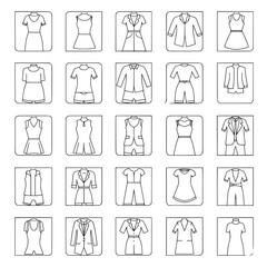 Set of clothing outline icons. Various apparel, garments, and fashion styles for men and women. Wardrobe collection.