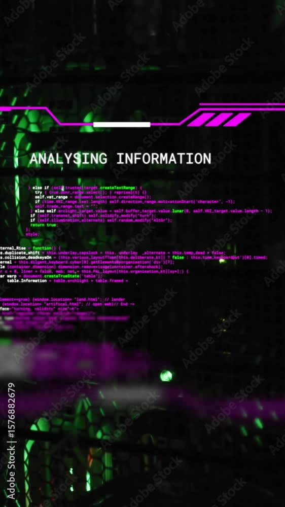 Poster analyzing information text animation over green and black digital matrix background