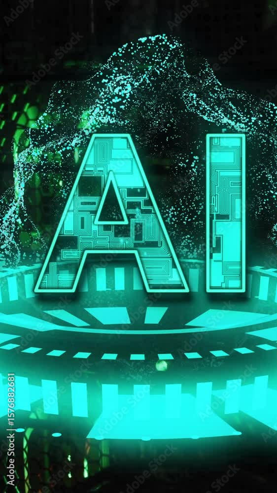 Aufkleber ai text animation over futuristic digital interface with glowing green elements
