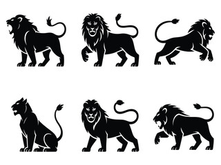 Black lion silhouettes are presented in various poses, roaring, sitting, and walking, perfect for design projects.