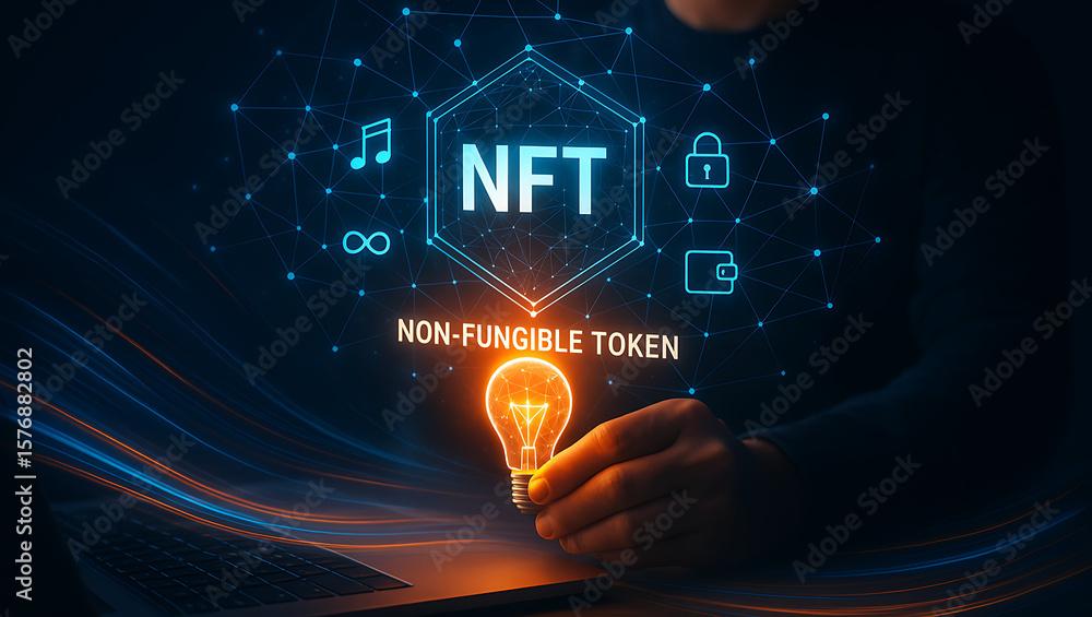 Poster futuristic businessman holds glowing lightbulb showing nft innovation concept with non-fungible toke