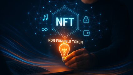 Futuristic businessman holds glowing lightbulb showing nft innovation concept with non-fungible token icons representing creativity digital ownership blockchain and secure assets
