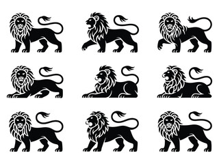 Bold lion silhouettes in black offer striking design elements for branding or creative projects in various applications.