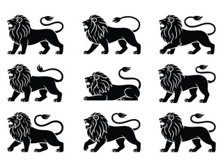 Regal lions in black, heraldic animal illustrations, presenting a heraldry design with nine fierce feline creatures.