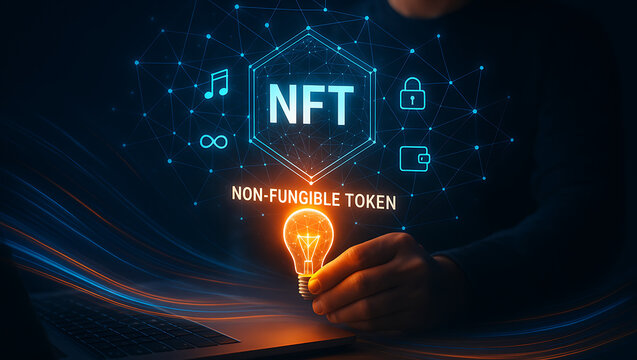 Futuristic businessman holds glowing lightbulb showing nft innovation concept with non-fungible token icons representing creativity digital ownership blockchain and secure assets
