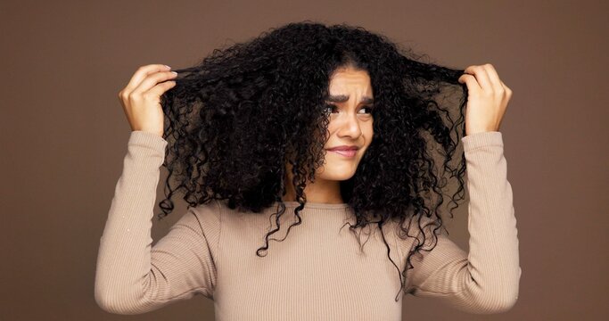 Curly, hair and woman in studio with damage, frizz problem and dry texture on brown background. Hairdresser, salon and person with worry for haircare treatment, grooming routine and shampoo products