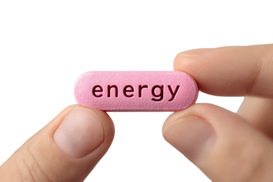 Pink pill with the word 'energy' on it held between two fingers.
