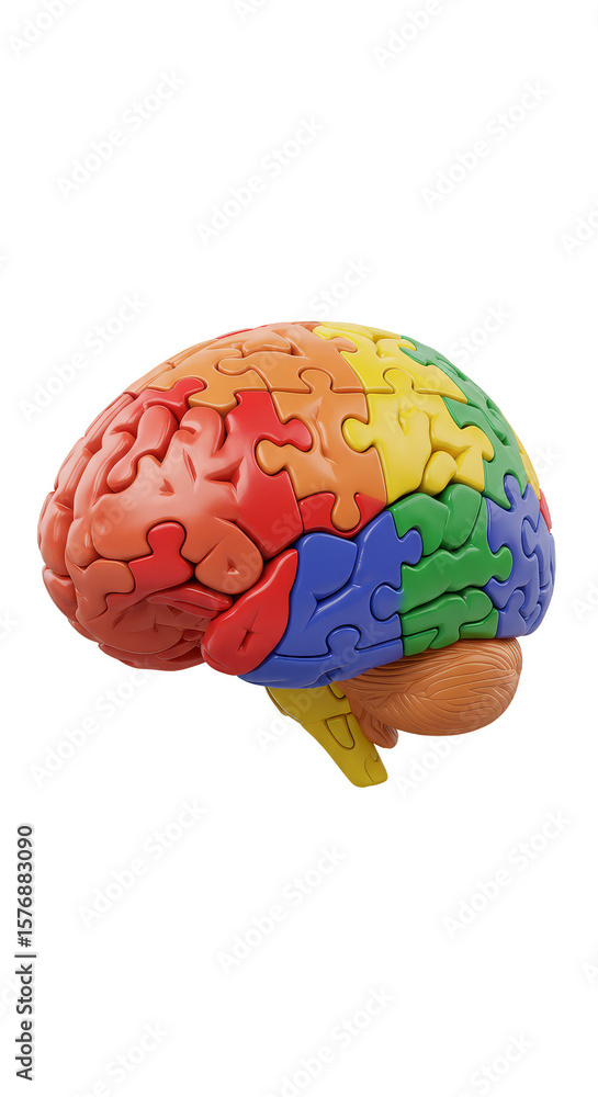 Poster 3d abstract colorful brain puzzle anatomy on transparent background