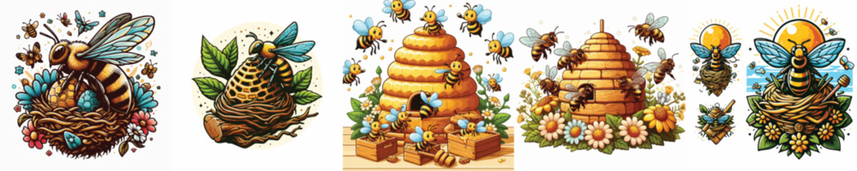 vector image of bees in a beehive on a white background